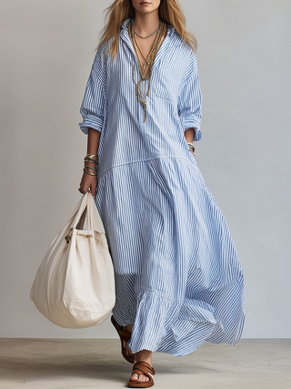 Vestido maxi de rayas azules de estilo camisero holgado