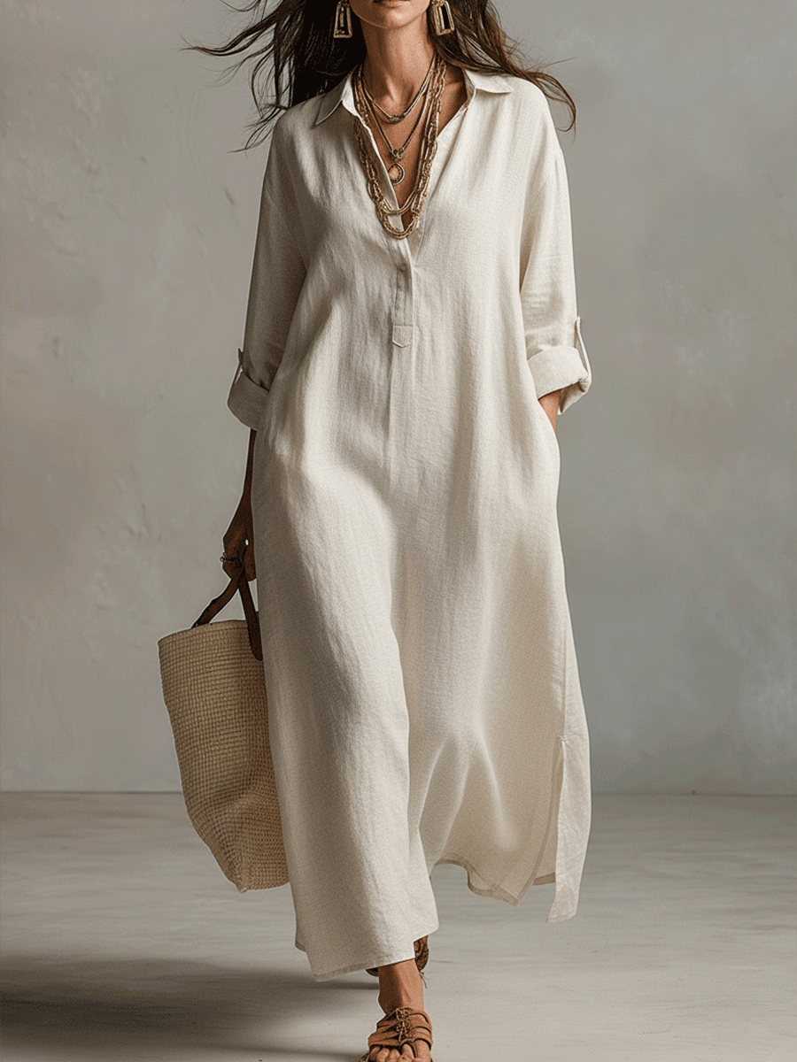 Vestido camisero maxi vintage ligero en crema natural