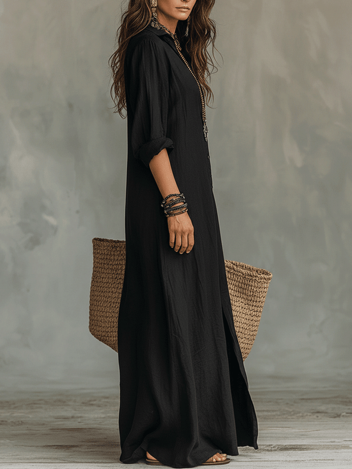 Vestido maxi bohemio negro con botones en la parte delantera