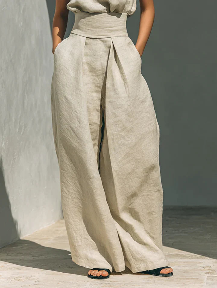 Flor™ | Conjunto minimalista de blusa sin mangas y pantalón de pernera ancha en algodón y lino para mujer