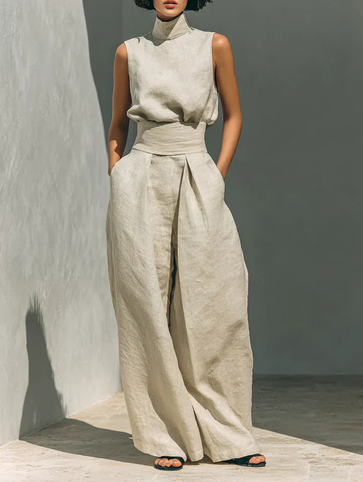 Flor™ | Conjunto minimalista de blusa sin mangas y pantalón de pernera ancha en algodón y lino para mujer