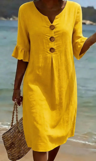 Vanesa | Vestido con textura de lino con manga abullonada y botones