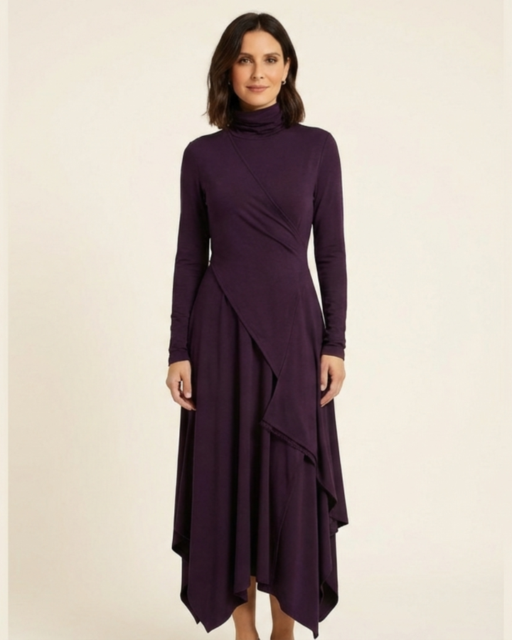 Elena - Vestido maxi elegante con cuello alto y drapeado asimétrico