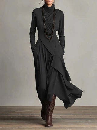 Elena - Vestido maxi elegante con cuello alto y drapeado asimétrico