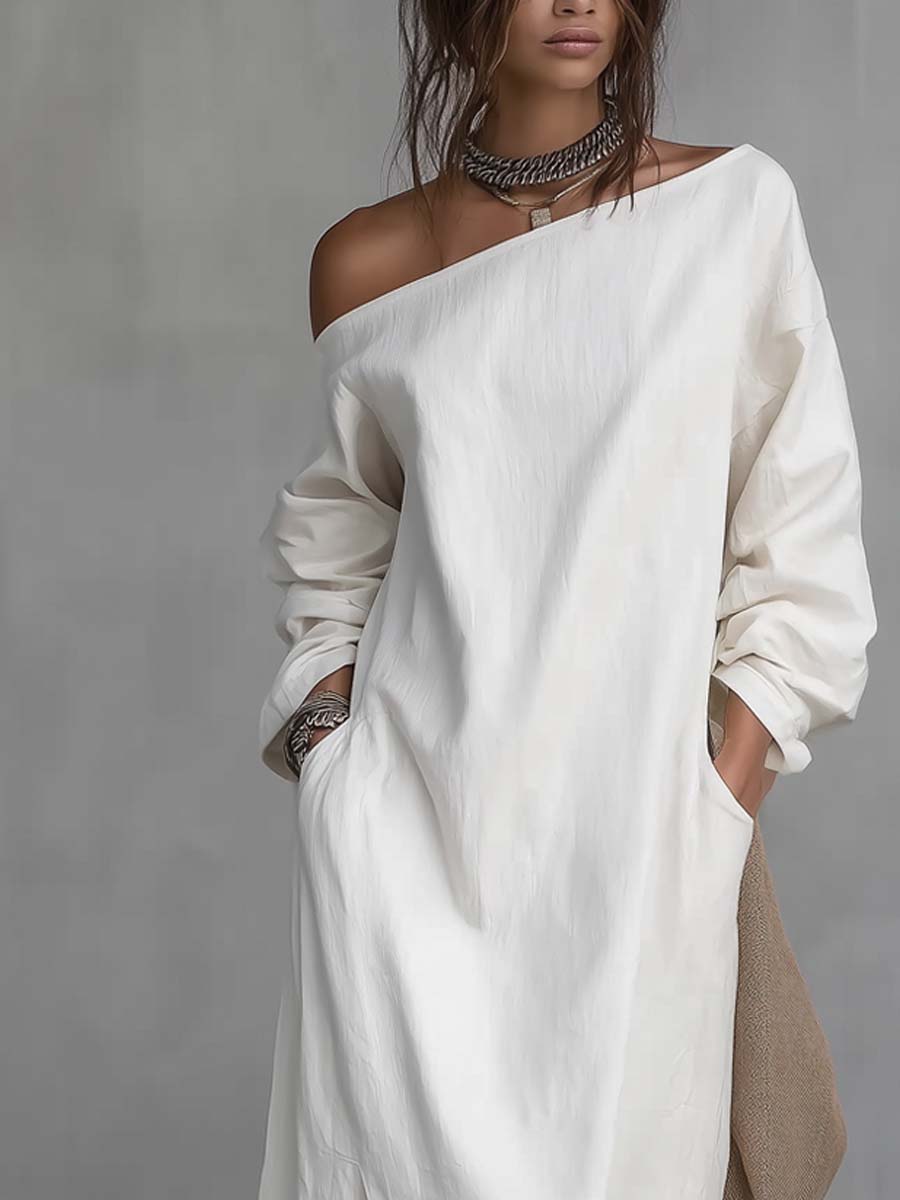 Vestido midi holgado de un solo hombro con abertura