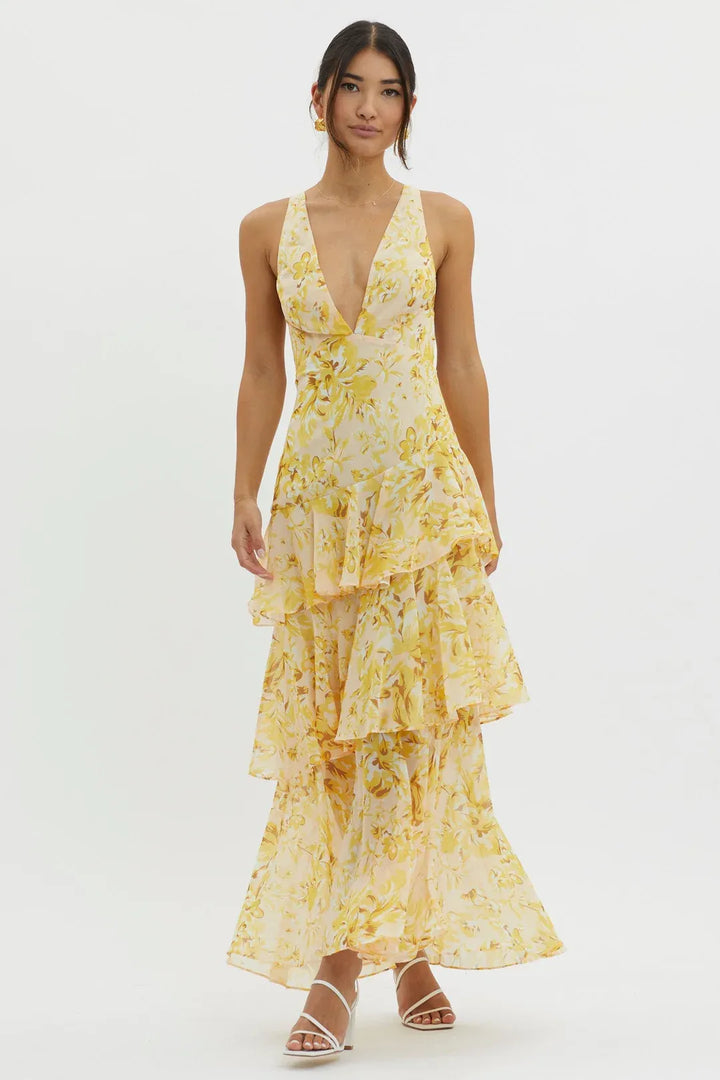 Maya - Vestido largo floral con volantes