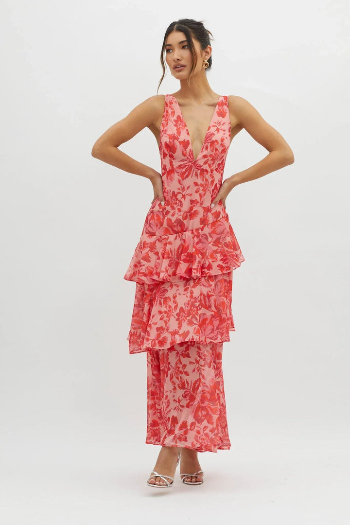 Maya - Vestido largo floral con volantes