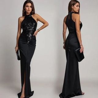 Victoria - Vestido halter con abertura y lentejuelas