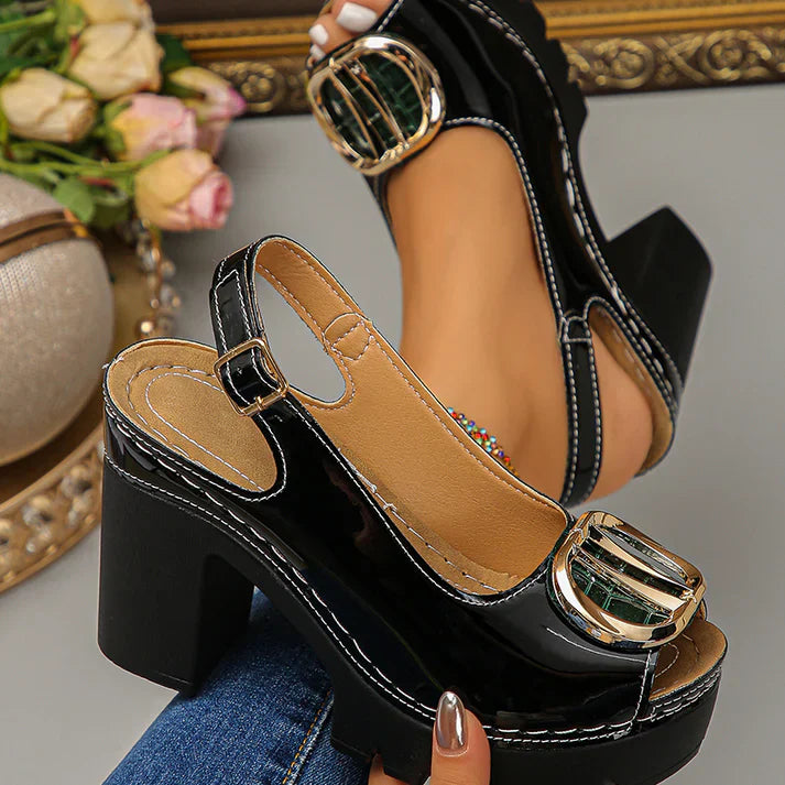 Eva - Sandalias peeptoe de tacón ancho con hebilla metálica