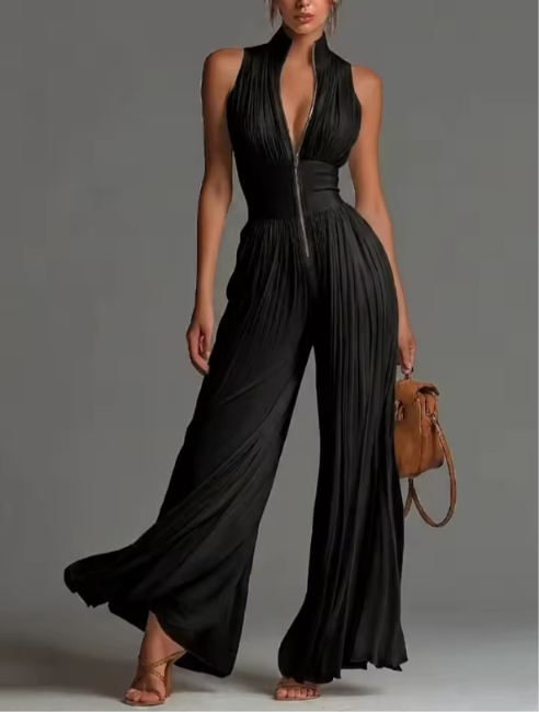 Zakira | Mono de pierna ancha con cuello halter plisado